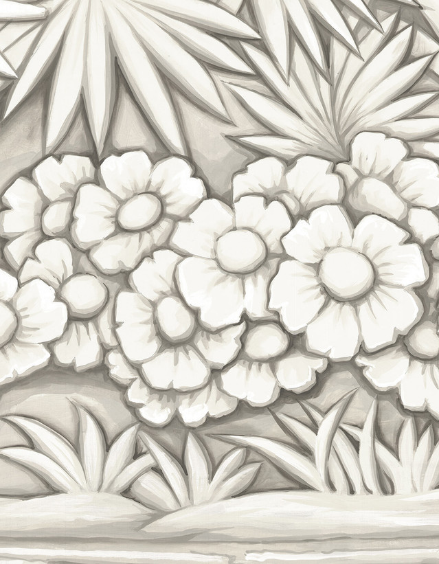 Oasis Taupe Metallic, printed mural wallpaper by Paul Montgomery. Detail shot.