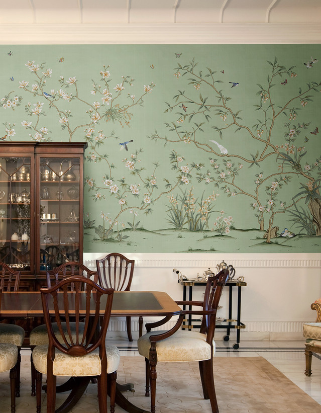 Palazzo Green, printed mural wallpaper by Paul Montgomery. Green chinoiserie in room.