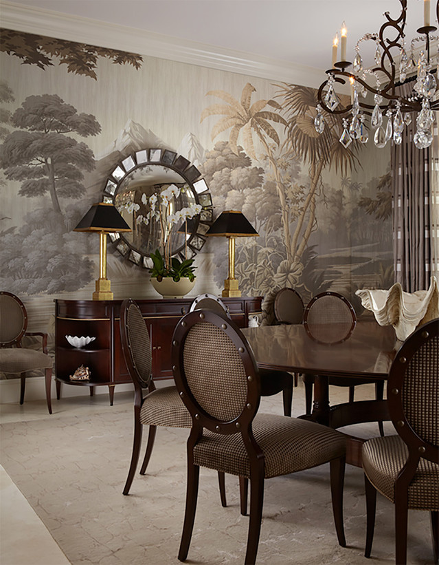 Paradiso Silver, printed mural wallpaper by Paul Montgomery. Silver panoramic in room.