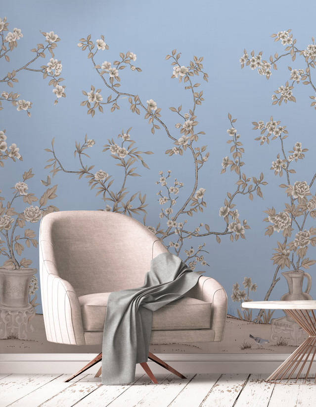 Porcelains, printed mural wallpaper by Paul Montgomery. Powder blue chinoiserie in room.