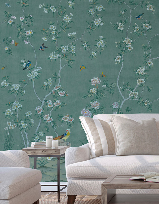 Picardy Emplastro, printed mural wallpaper by Paul Montgomery. Adriatic chinoiserie in room.