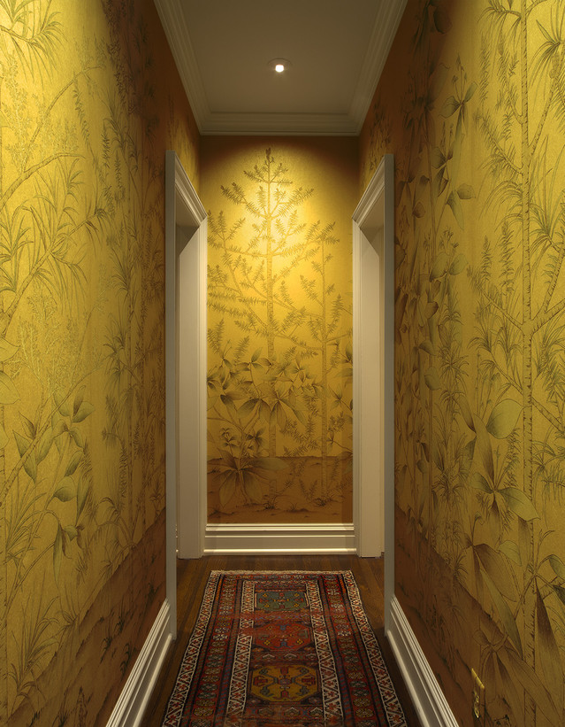 Quiet Forest Gold, printed mural wallpaper by Paul Montgomery. Gold chinoiserie in room.