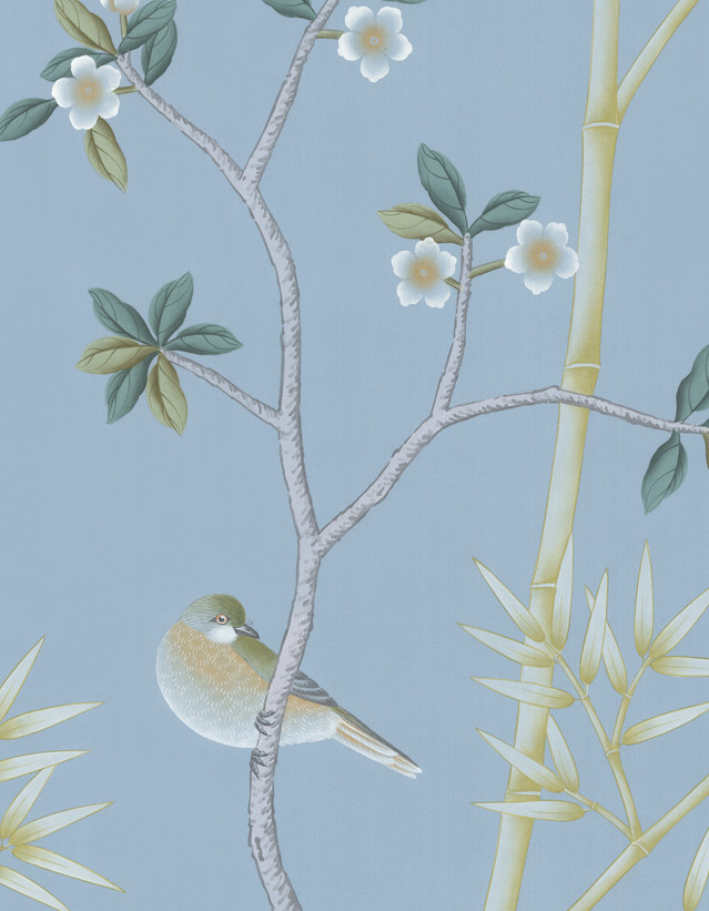 Richwood, printed mural wallpaper by Paul Montgomery. Blue detail shot.