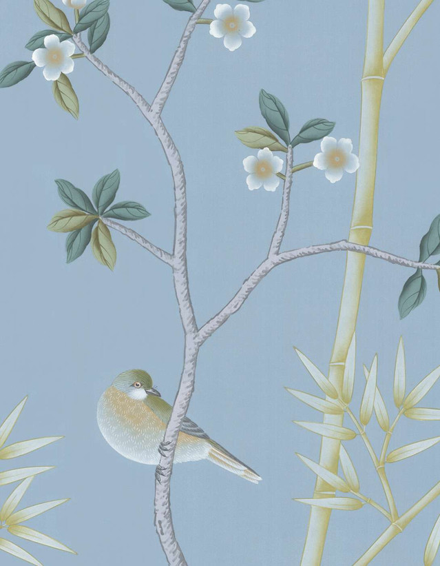Richwood, printed mural wallpaper by Paul Montgomery. Blue detail shot.