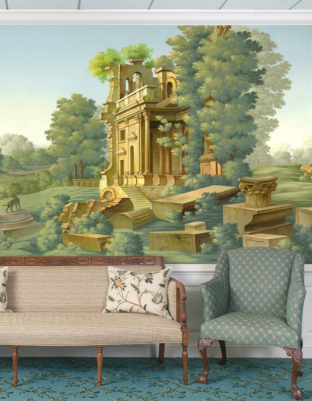 Romanesque, printed mural wallpaper by Paul Montgomery. Full color panoramic in room.