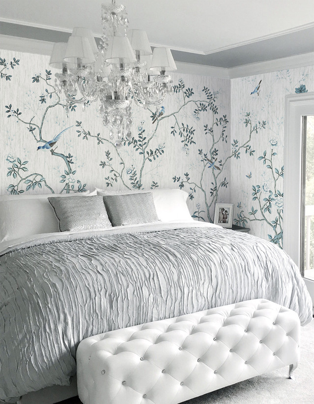 Solitude Silver, printed mural wallpaper by Paul Montgomery. Silver chinoiserie in room.