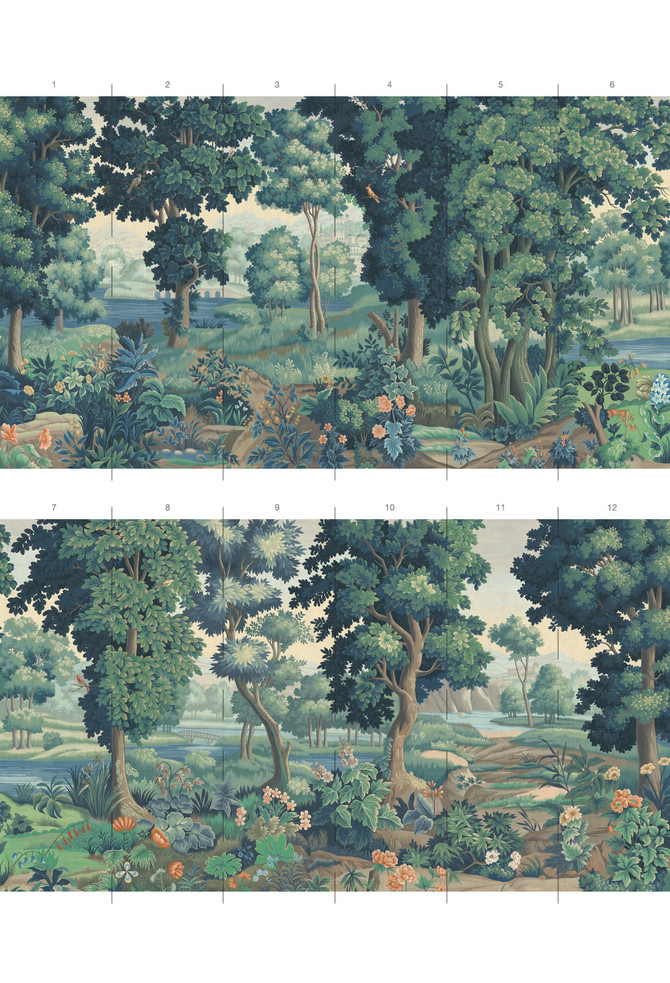 Verdure Landscape, printed mural wallpaper by Paul Montgomery. Bleue panel layout.