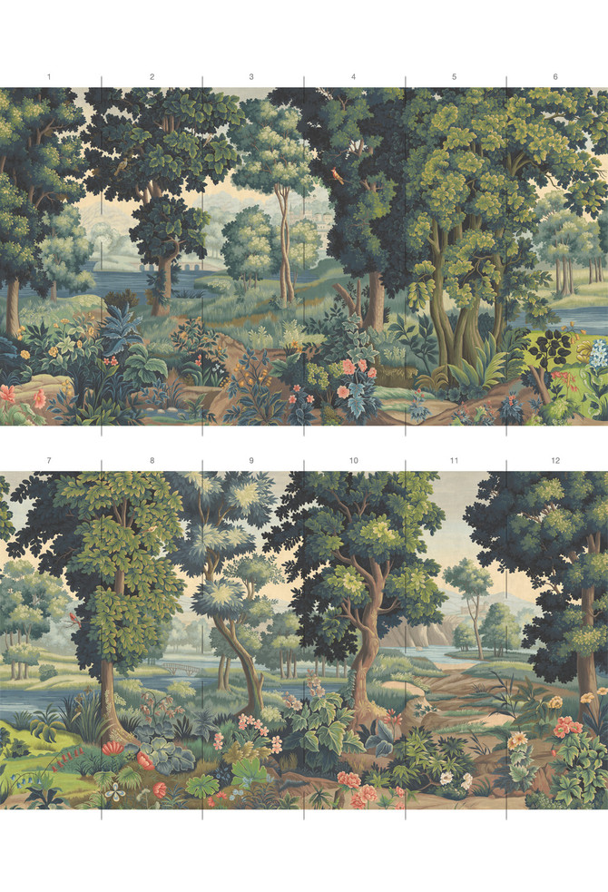 Verdure Landscape, printed mural wallpaper by Paul Montgomery. Full color panel layout.