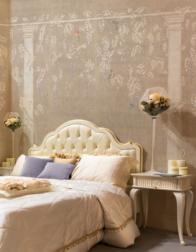 Wisteria, printed mural wallpaper by Paul Montgomery. Taupe chinoiserie in room.