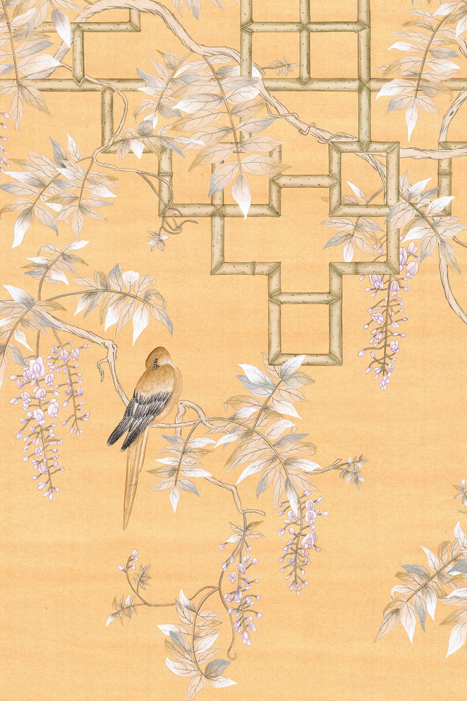 Wisteria Orange, printed mural wallpaper by Paul Montgomery. Detail shot.