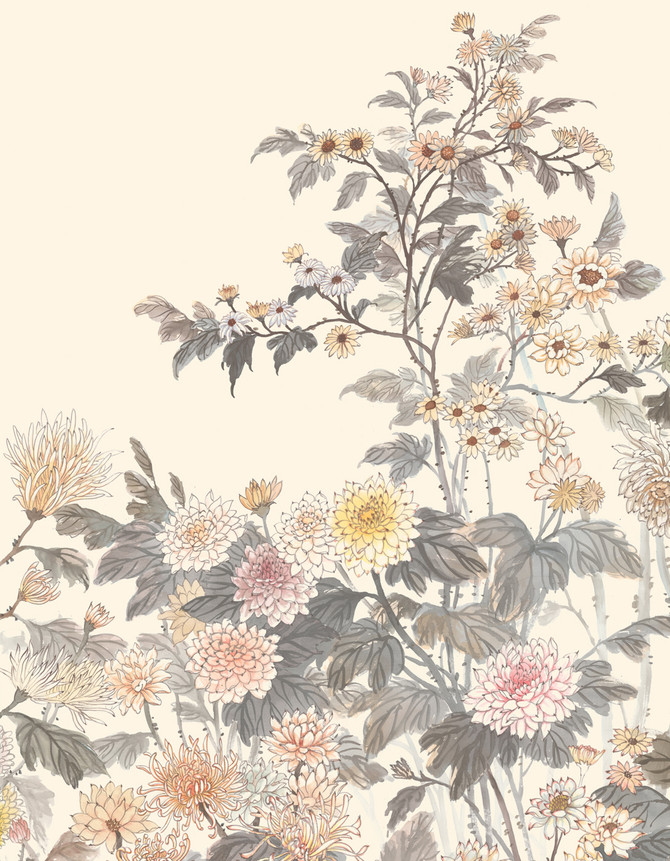 Chrysantha, printed mural wallpaper by Paul Montgomery. Autumn detail shot.