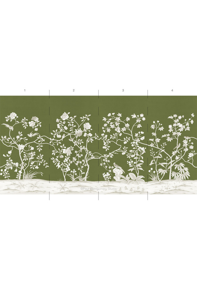 Climbing Blossom, printed mural wallpaper by Ariel Okin for Paul Montgomery. Moss panel layout.
