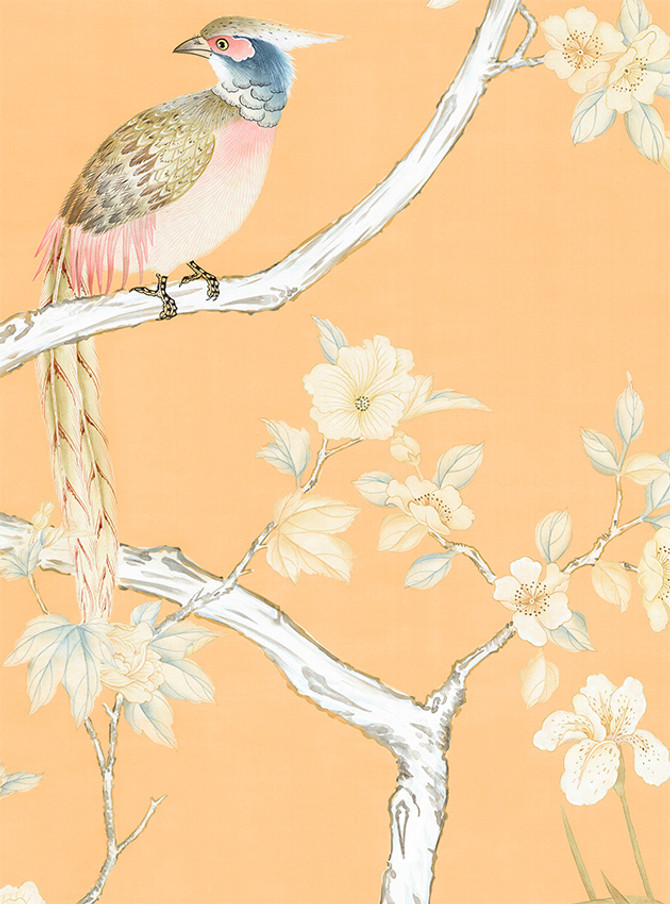 Lavena, printed mural wallpaper by Paul Montgomery. Orange detail shot.