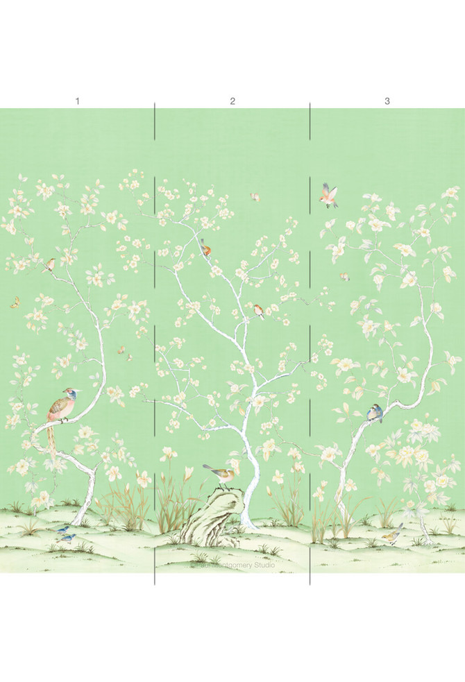 Lavena, printed mural wallpaper by Paul Montgomery. Green panel layout.