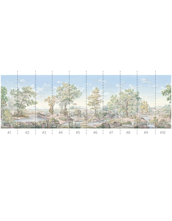 Pastorale Watercolor, printed mural wallpaper by Paul Montgomery. Panel layout.