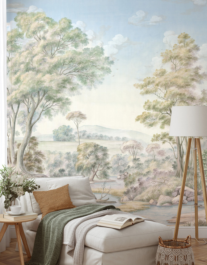 Pastorale Watercolor, printed mural wallpaper by Paul Montgomery. Full Color panoramic in room.