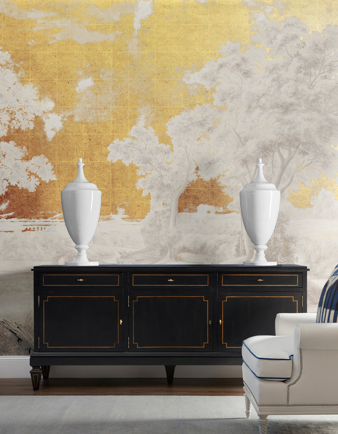Pastorale Gold, printed mural wallpaper by Paul Montgomery. Gold panoramic in room.
