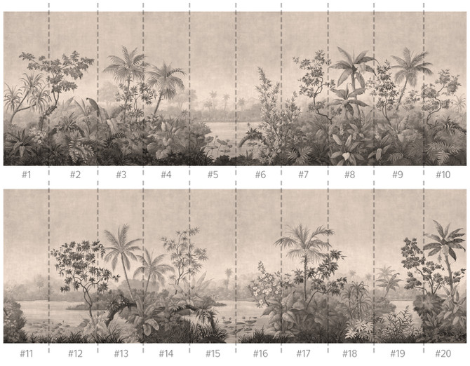 Floridana Silver, printed mural wallpaper by Paul Montgomery. Sepia panel layout.