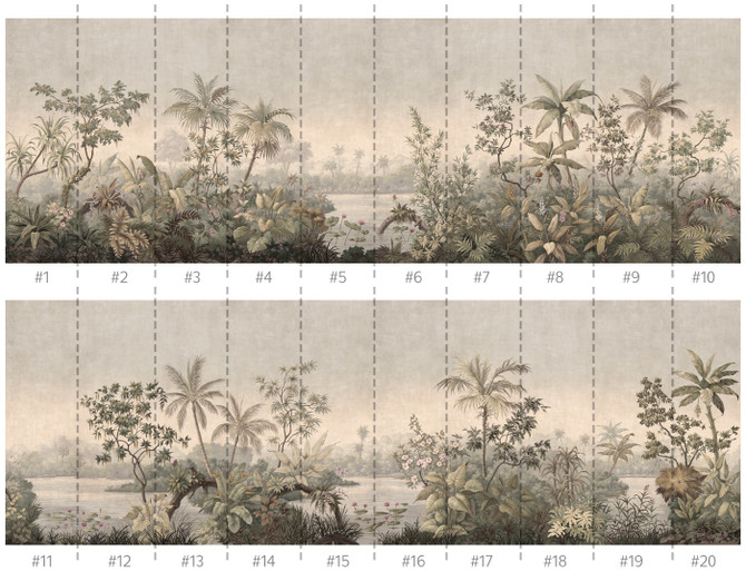 Floridana Silver, printed mural wallpaper by Paul Montgomery. Sepia Color panel layout.