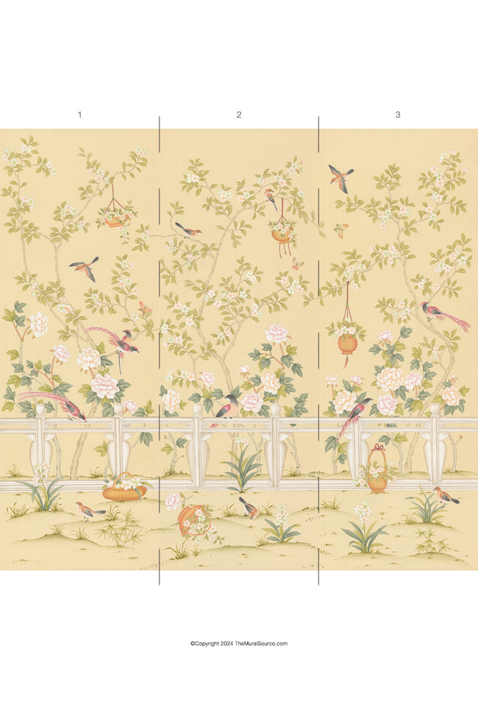 Orsay Triptych, printed mural wallpaper by Paul Montgomery. Cream panel layout.