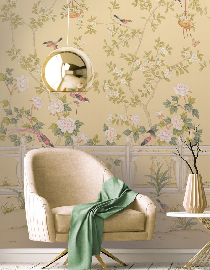 Orsay Triptych, printed mural wallpaper by Paul Montgomery. Cream chinoiserie in room.