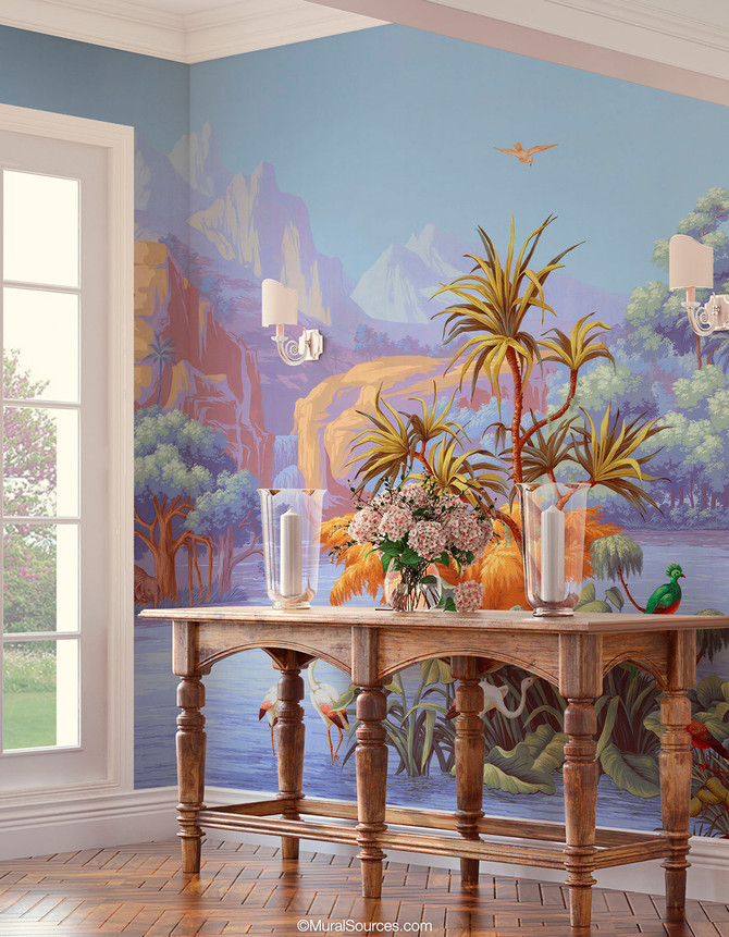 Amazonia, printed mural wallpaper by Paul Montgomery. Fauvist chinoiserie in room.