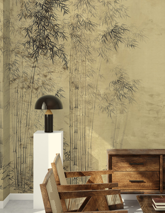 Bamboo Forest Antiqued, printed mural wallpaper by Paul Montgomery. Beige chinoiserie in room.