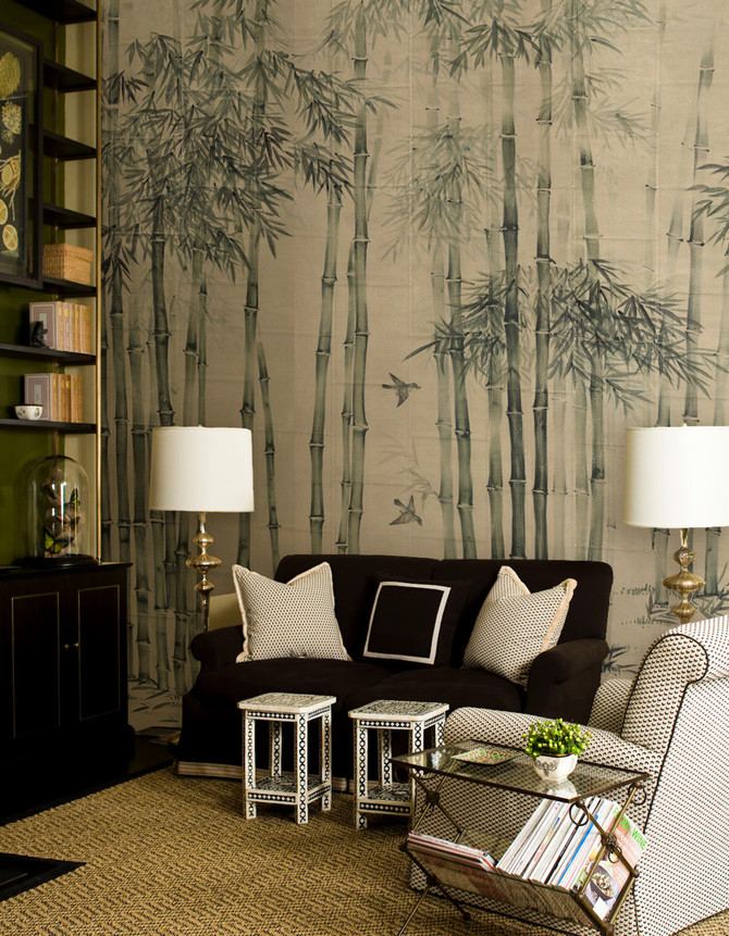 Bamboo Grove, printed mural wallpaper by Paul Montgomery. Beige chinoiserie in room.