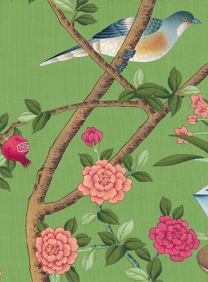 Bel Aire, printed mural wallpaper by Paul Montgomery. Emerald detail shot.