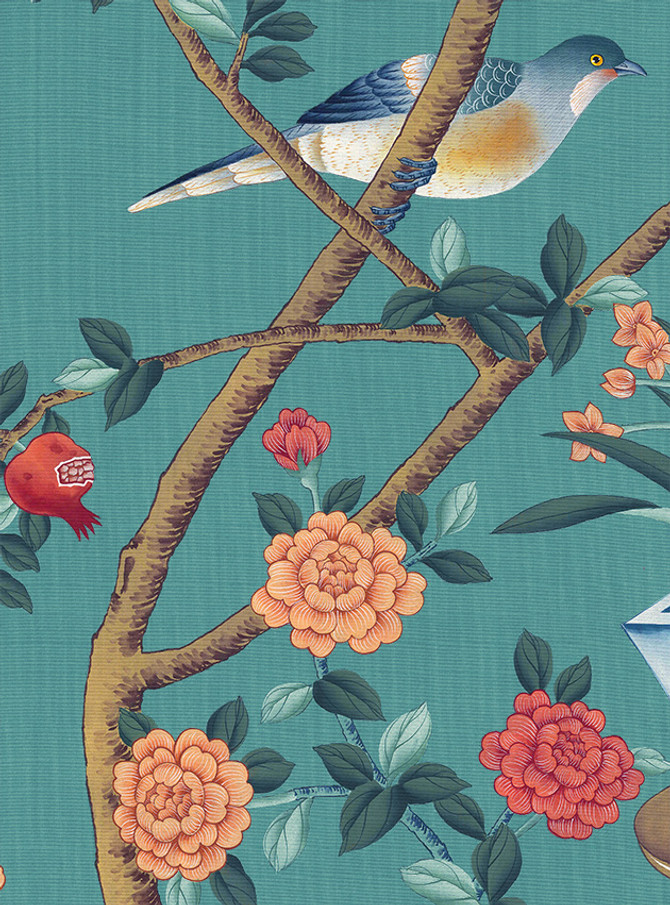 Bel Aire, printed mural wallpaper by Paul Montgomery. Aqua detail shot.