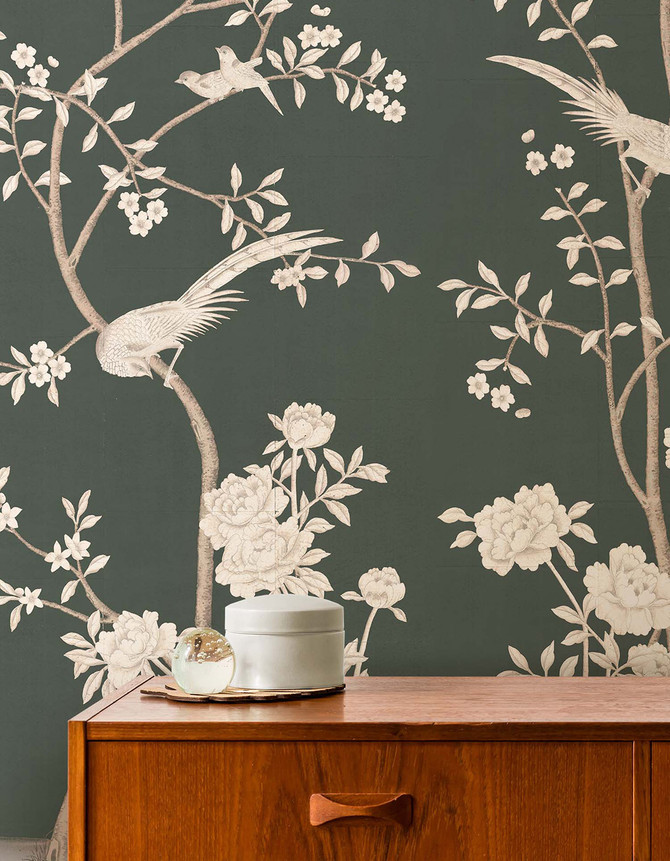 Birds of Flight, printed mural wallpaper by Paul Montgomery. Pine chinoiserie in room.