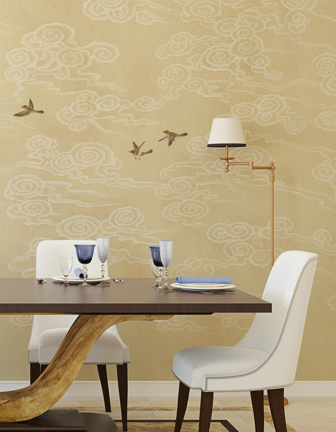 Celeste Cream, printed mural wallpaper by Paul Montgomery. Cream chinoiserie in room.