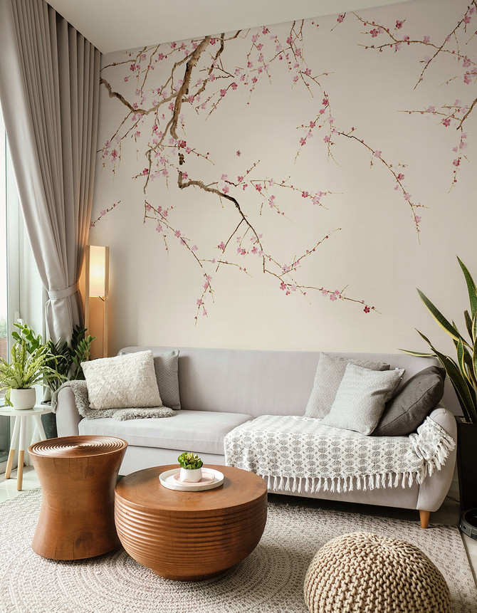 Cherry Blossoms White, printed mural wallpaper by Paul Montgomery. White mural in room.