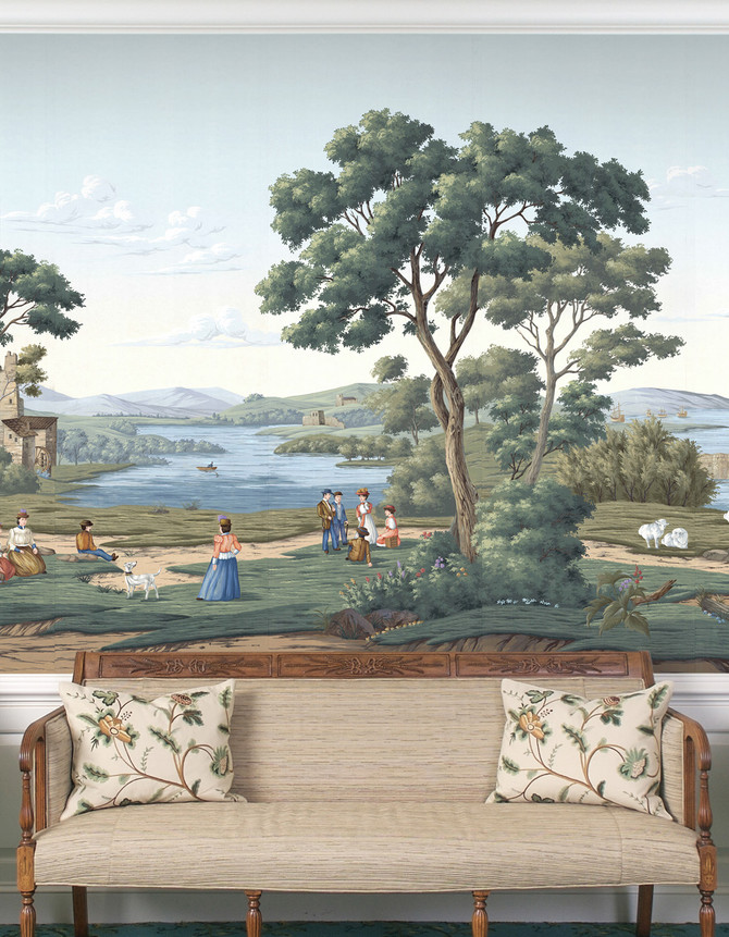 Derbyshire, printed mural wallpaper by Paul Montgomery. Full Color panoramic in room.