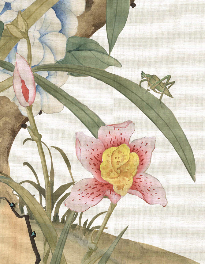 Emperor's Blossoms, printed mural wallpaper by Paul Montgomery. Detail shot.