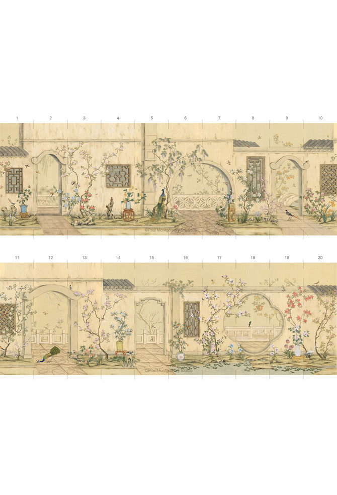 Emperor's Garden, printed mural wallpaper by Paul Montgomery. Harvest panel layout.