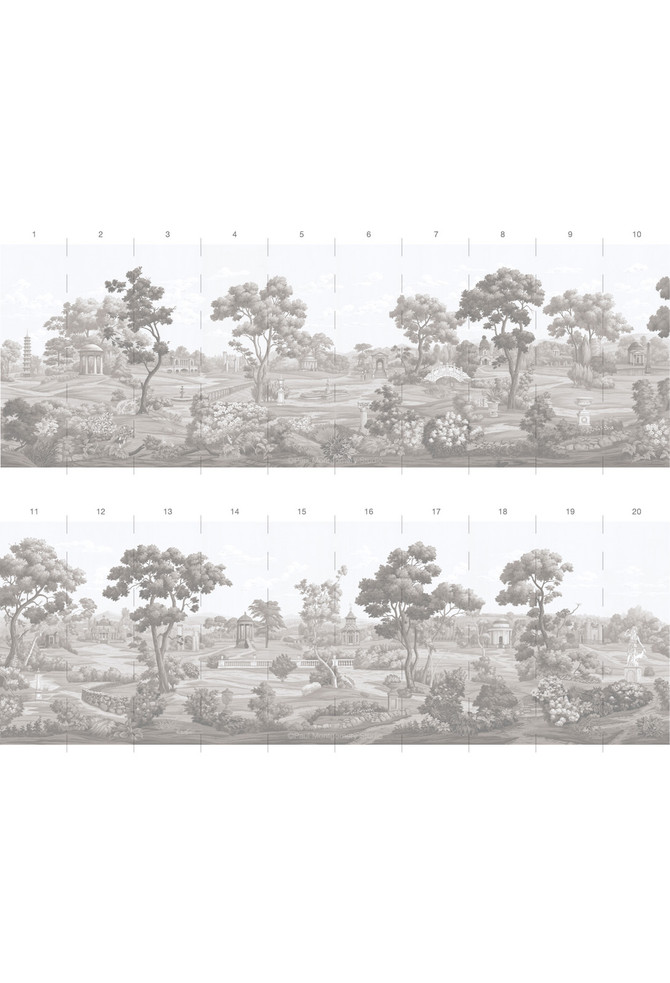 English Parks Grisaille, printed mural wallpaper by Paul Montgomery. Fog panel layout.