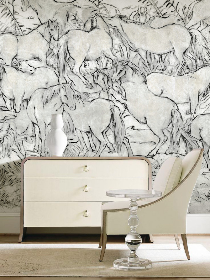 Equus, printed mural wallpaper by Paul Montgomery. Grey modern mural in room.
