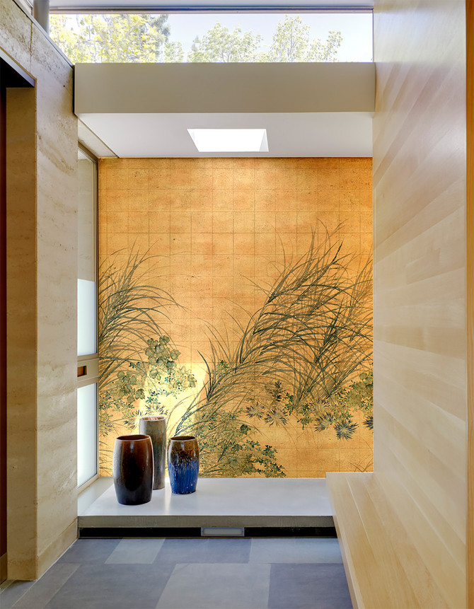 Grasses Gold, printed mural wallpaper by Paul Montgomery. Gold chinoiserie in room.