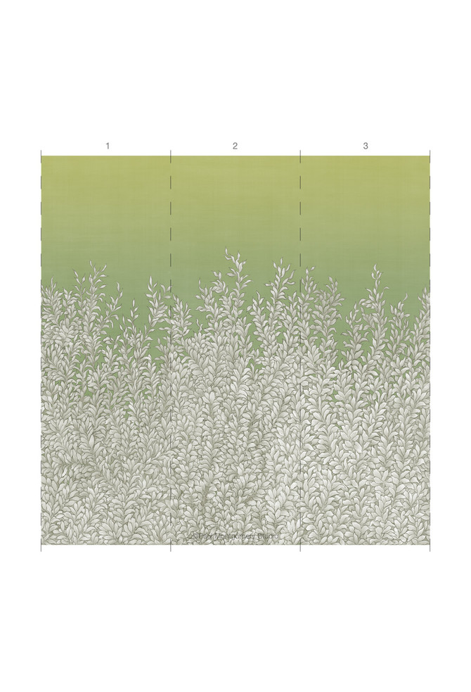 Hedgerow, printed mural wallpaper by Paul Montgomery. Light Green panel layout.