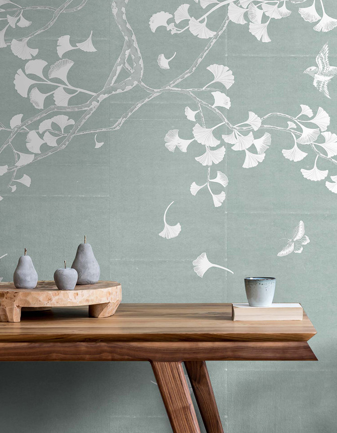 Gingko, printed mural wallpaper byAriel Okin for Paul Montgomery. Sky chinoiserie in room.