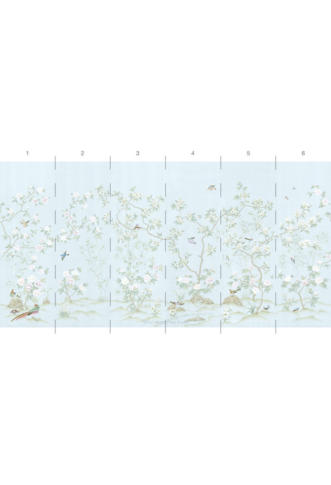 Imperial Garden Mist, printed mural wallpaper by Paul Montgomery. Panel layout.