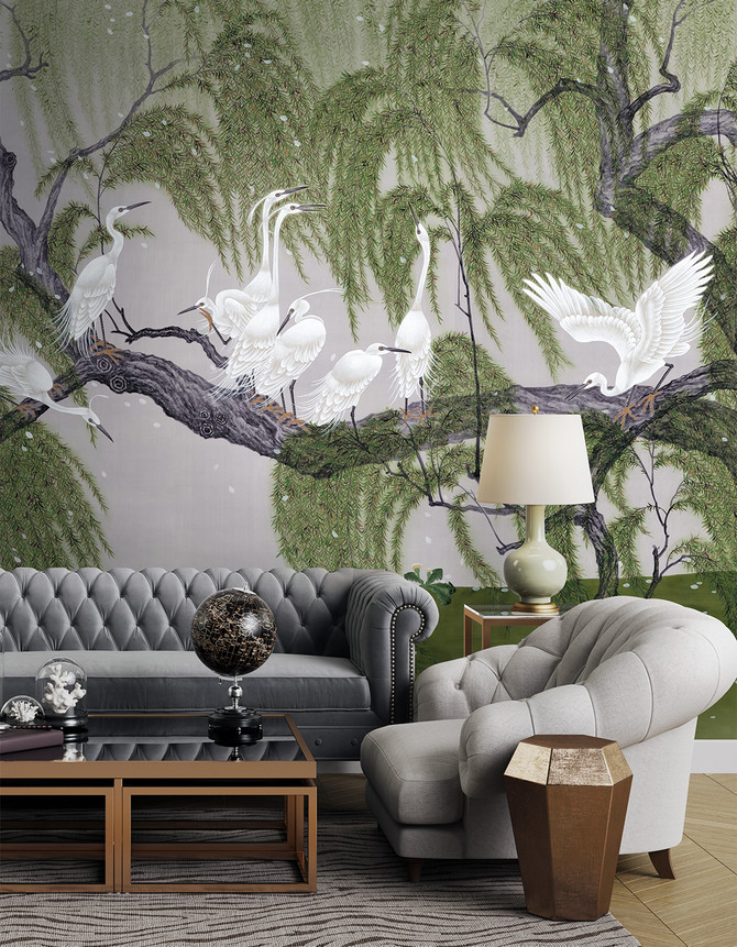 Herons & Willows, printed mural wallpaper by Paul Montgomery. Green and purple modern mural in room.