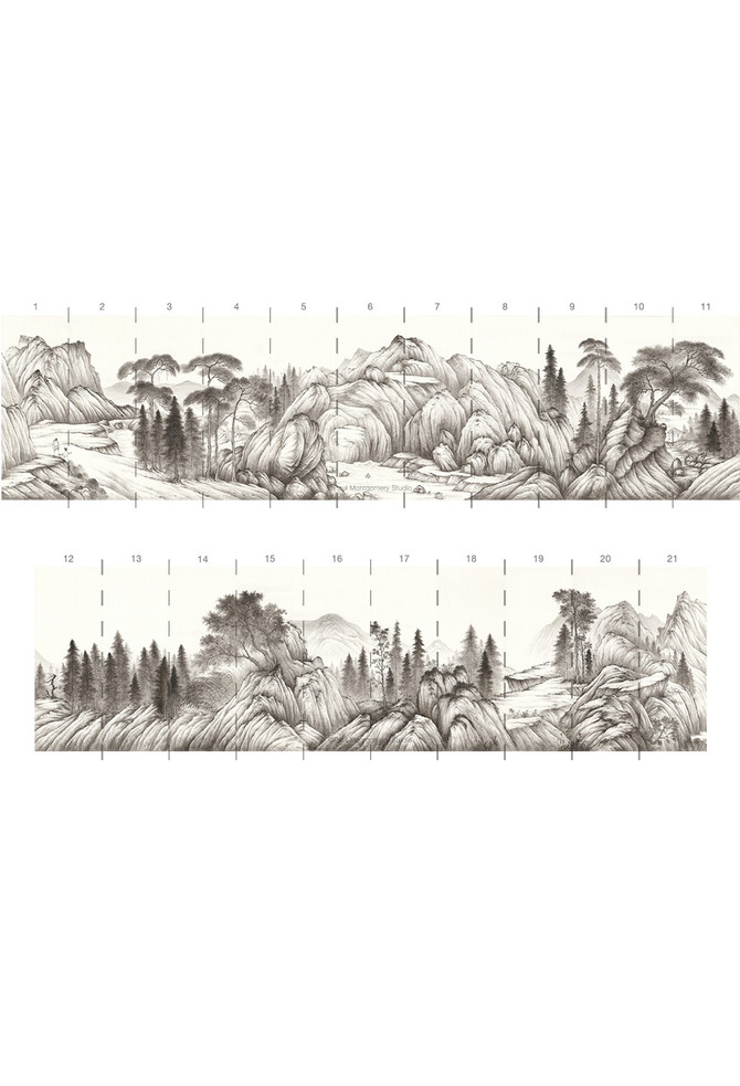 Japanese Landscape, printed mural wallpaper by Paul Montgomery. Panel layout.