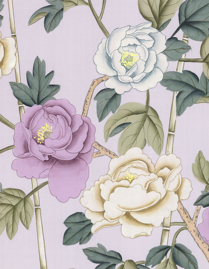 Imperial Garden, printed mural wallpaper by Paul Montgomery. Violet detail shot.