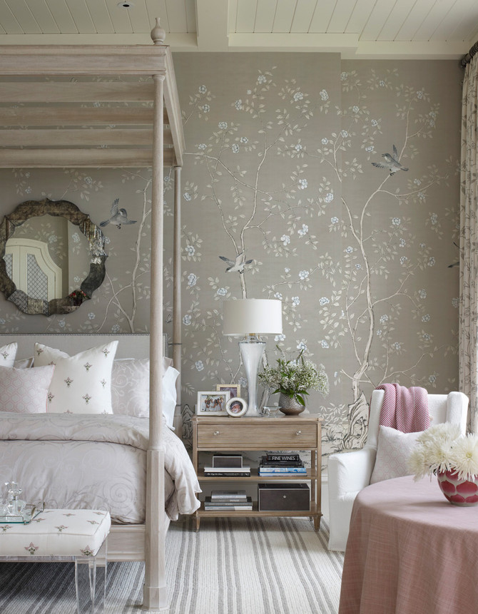 Lantilly Grey, printed mural wallpaper by Paul Montgomery. Grey chinoiserie in room.