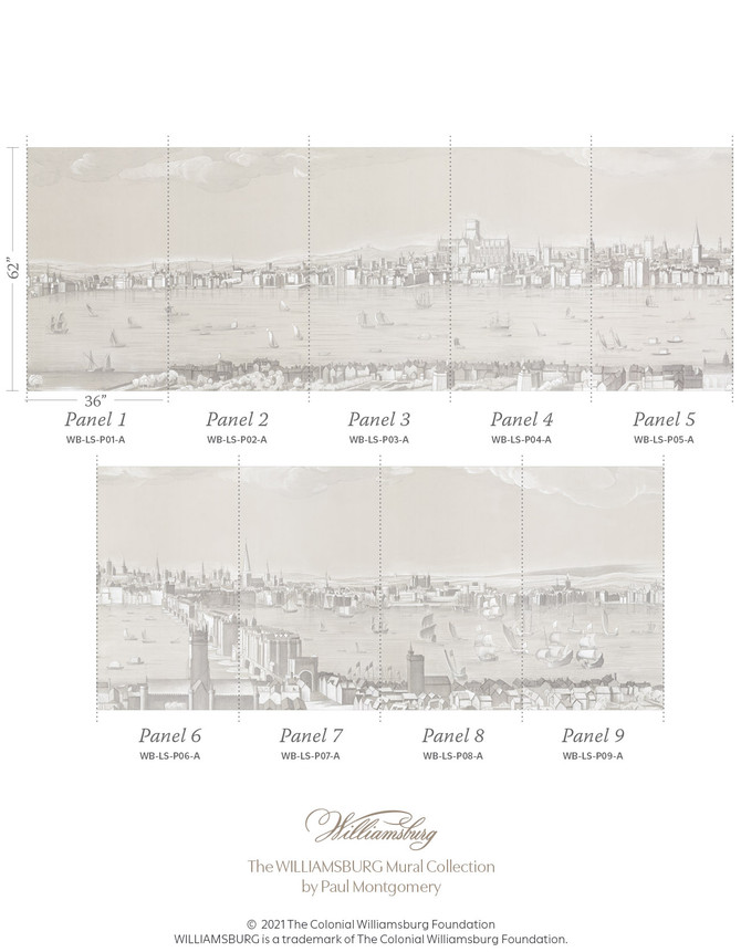 London Skyline: 1616 via 1939, printed mural wallpaper by Paul Montgomery. Panel layout.