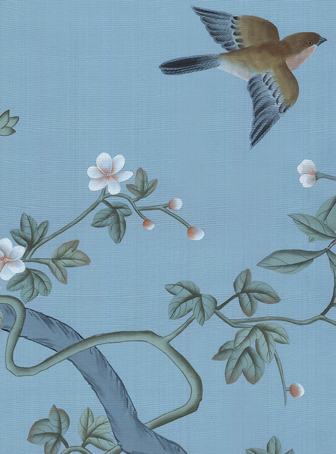 Jinan Blue, printed mural wallpaper by Paul Montgomery. Blue detail shot.