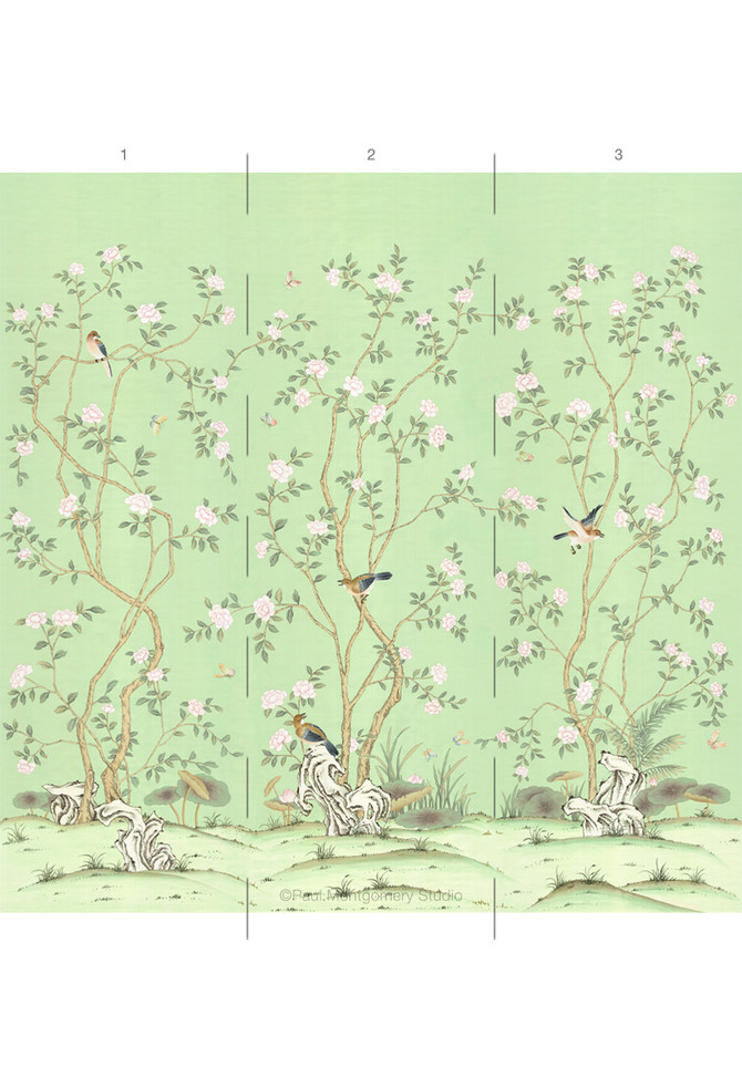 Lantilly Emerald, printed mural wallpaper by Paul Montgomery. Panel layout.