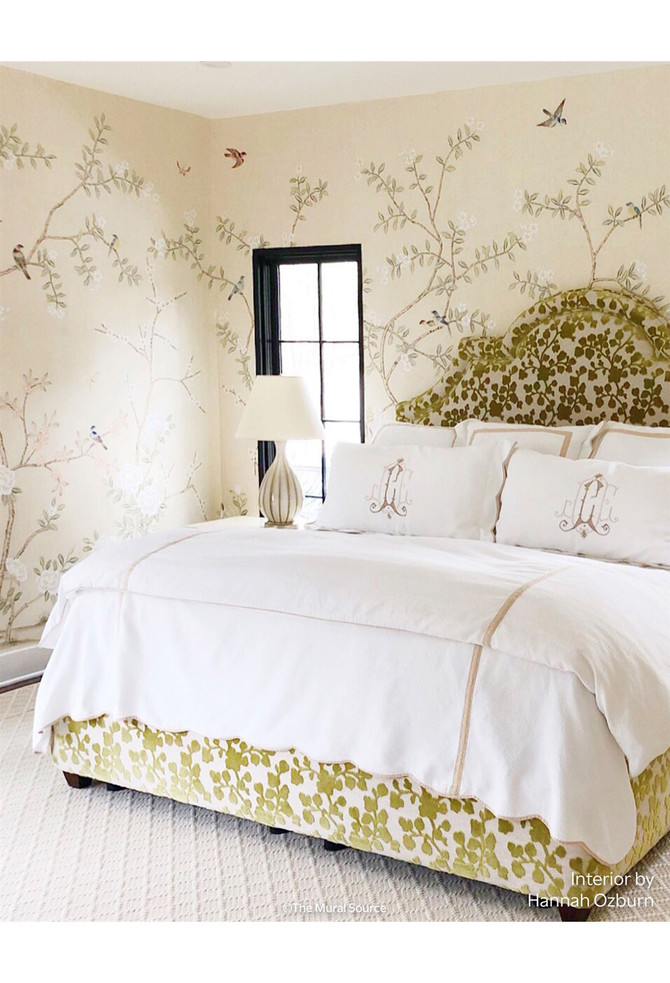 Maysong Cream, printed mural wallpaper by Paul Montgomery. Cream chinoiserie in room.
